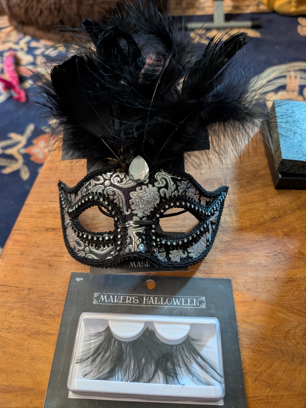 NWT Black Feathered Venetian Masquerade Mask And New Feathered Eyelashes